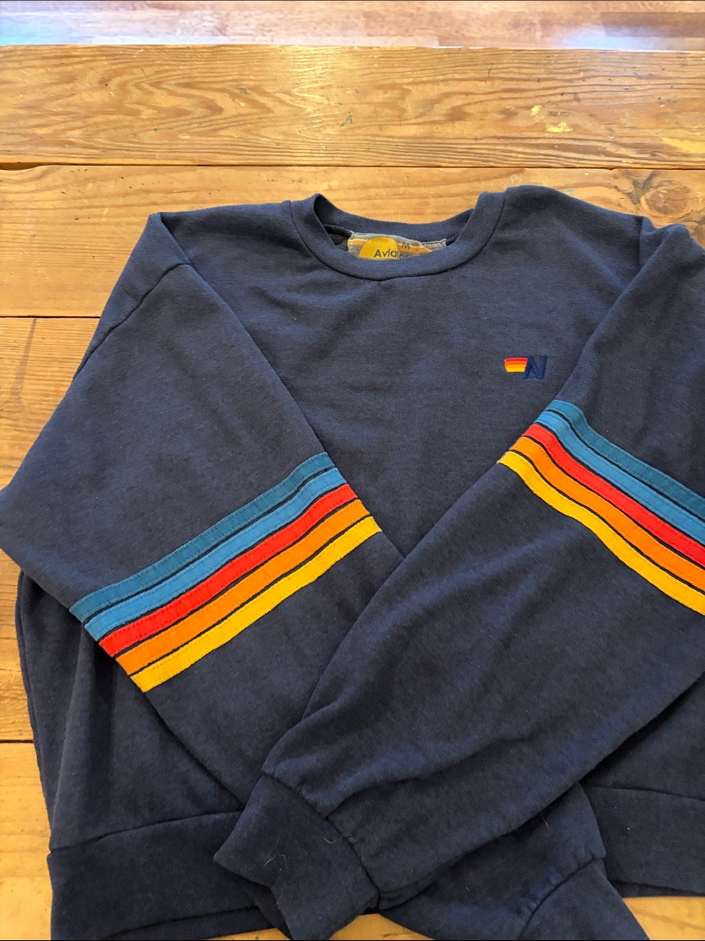 Aviator Nation Navy Crewneck with Blue, Red, Orange & Yellow Sleeve Stripes